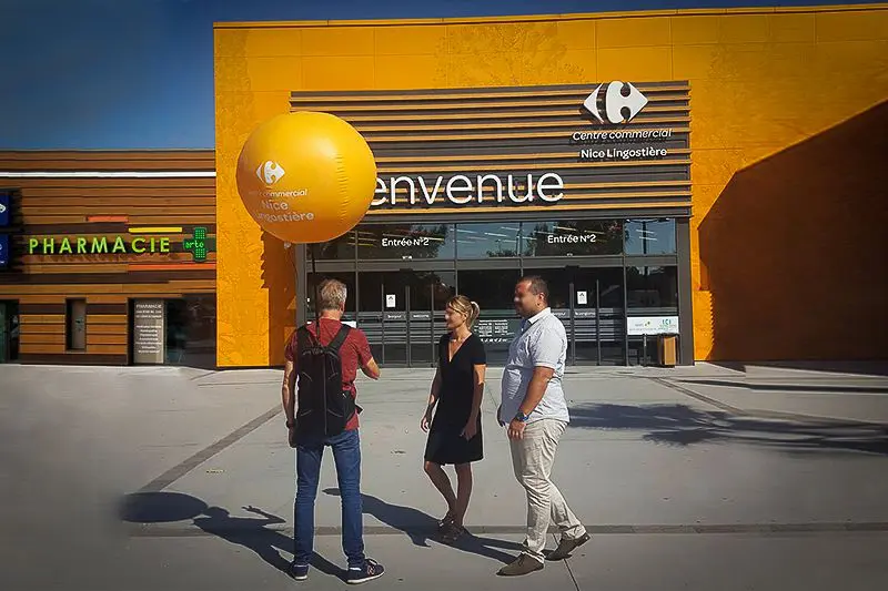 Ballon sac &agrave; dos 80cm Carrefour Nice, Air, Animation commerciale, Ballon sac &agrave; dos, Carrefour, Ext&eacute;rieur, GMS, P1365, Street marketing