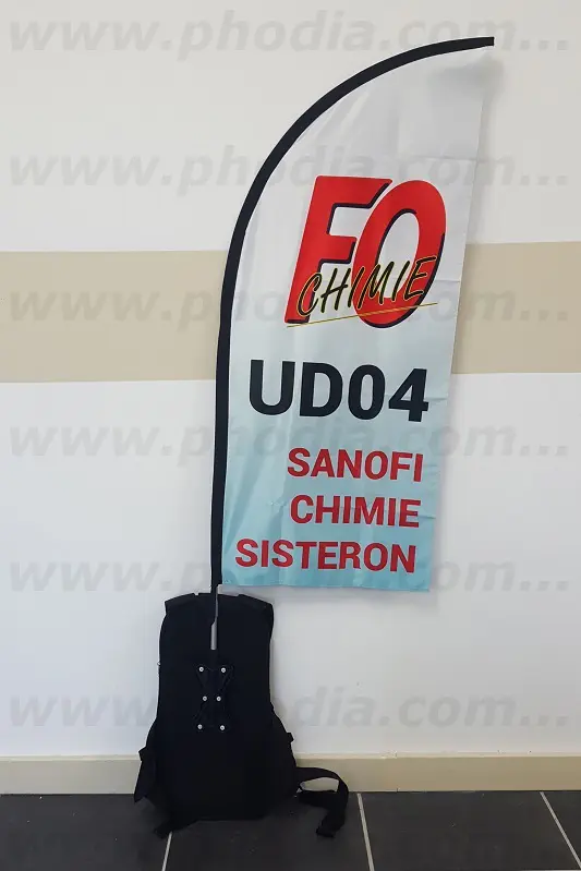 Drapeau sac &agrave; dos Syndicat FO Sanofi FF110, Association / Syndicat, Drapeau sac &agrave; dos, Ext&eacute;rieur, Manifestation, Street marketing Description